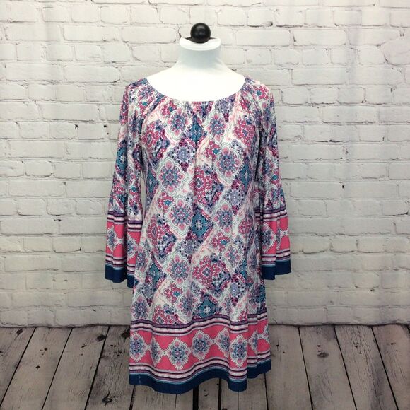 Mermaid Cove Shift Dress Women's Sm Peasant Style Bell Sleeves Geometric Beachy - Picture 3 of 10